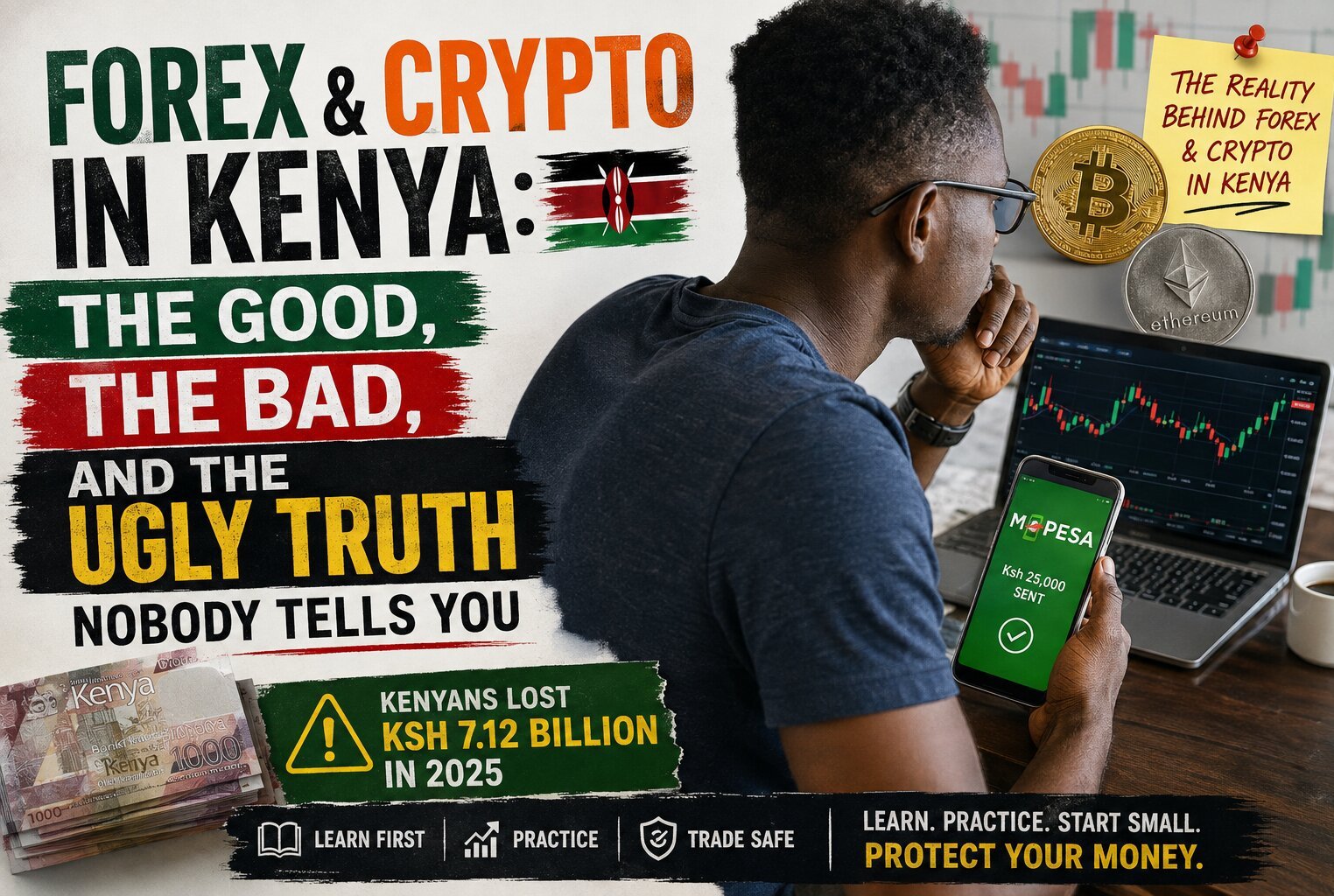 Kenyan young professional looking at trading charts on laptop with phone showing M-Pesa