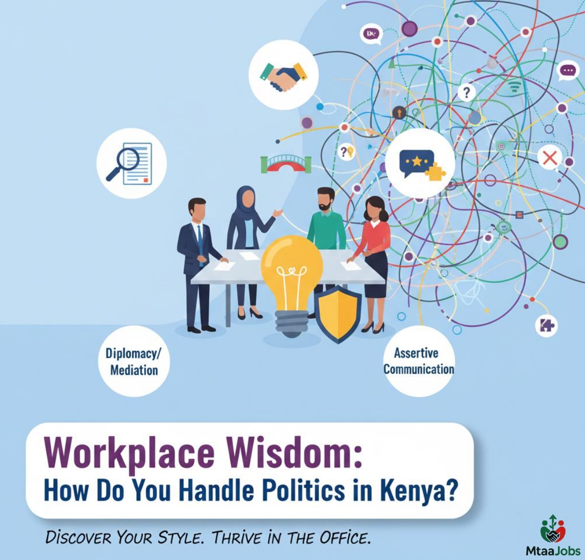 Illustration of diverse Kenyan professionals navigating office dynamics, with subtle elements of collaboration and conflict.